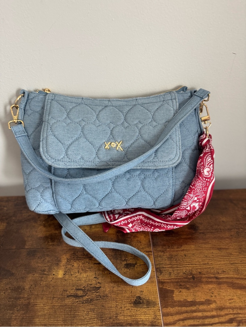 Betsey  Johnson Quilted Heart Crossbody Bag in Light  Blue Denim